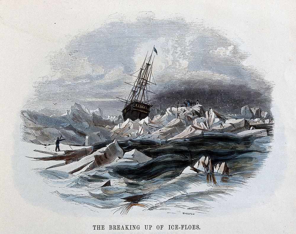 Geography: a ship in an ice-field. Coloured wood engraving by C. Whymper.