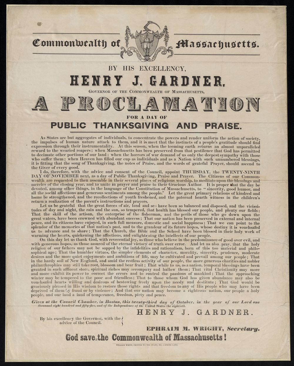 Commonwealth of Massachusetts : By His Excellency, Henry J. Gardner, Governor of the Commonwealth of Massachusetts, a…