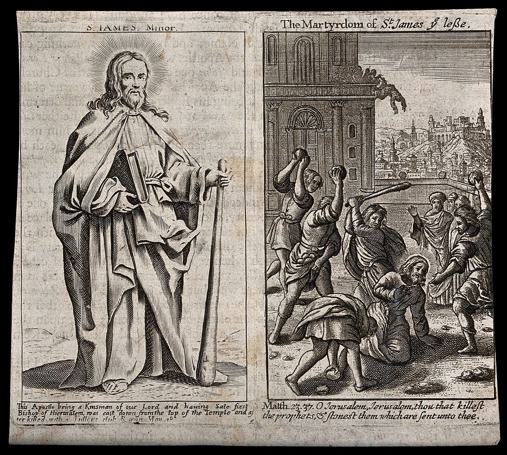 Martyrdom of Saint James the Less. Engraving.
