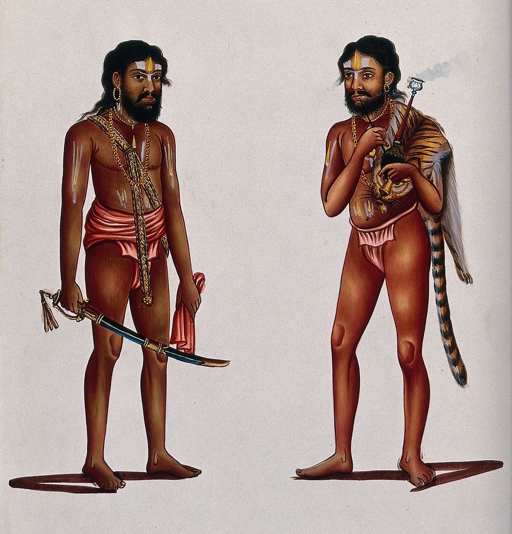 Two Hindu ascetics or holy men, one holding a sword in a scabbard (left), the other smoking a hookah (right). Gouache…