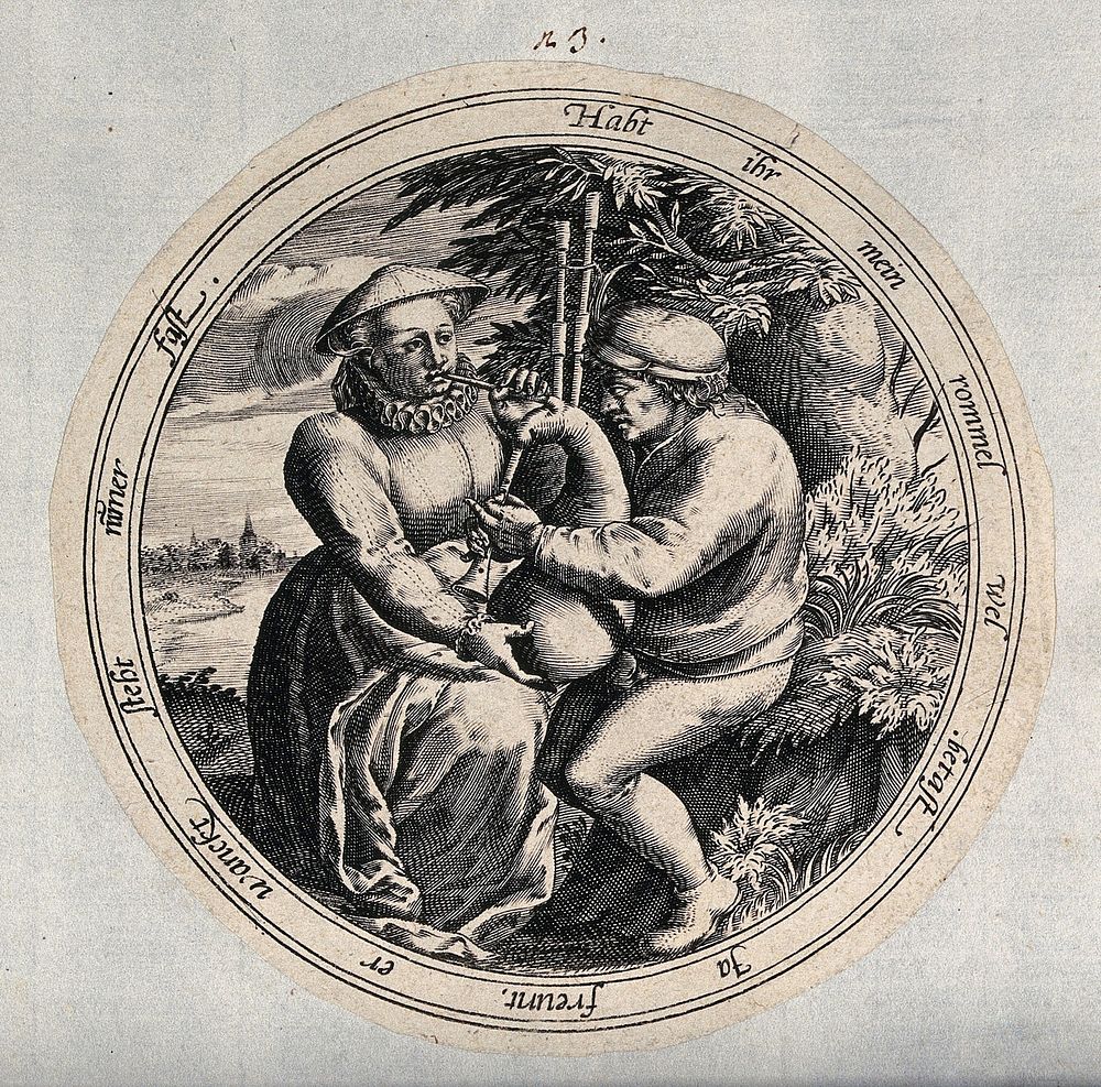A woman blows into the blowpipe of a man's bag pipes. Engraving after M. van Cleve.