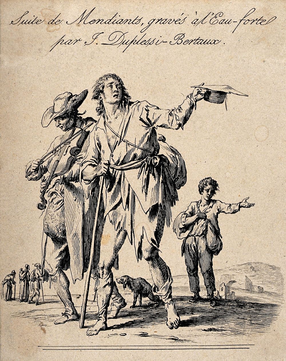 A group of beggars, one playing the violin, the other walking with the aid of a stick holding out a hat to collect alms.…