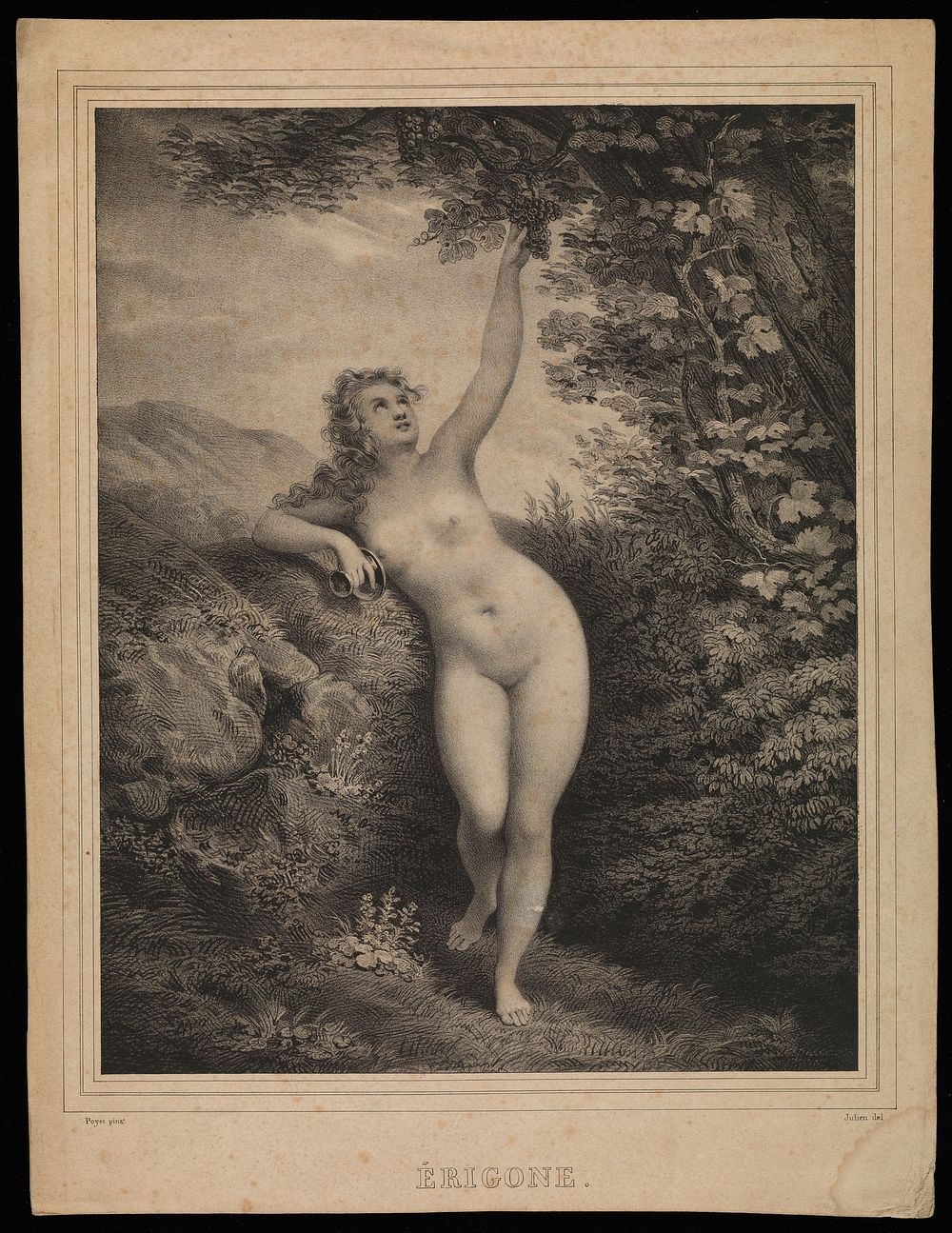 Erigone, ensnared by Dionysus, reaching for grapes on a vine. Lithograph by B.-R. Julien, 1835, after L. Poyet.