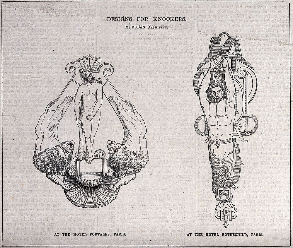 Architecture: two designs for door knockers. Wood engraving, 1849.