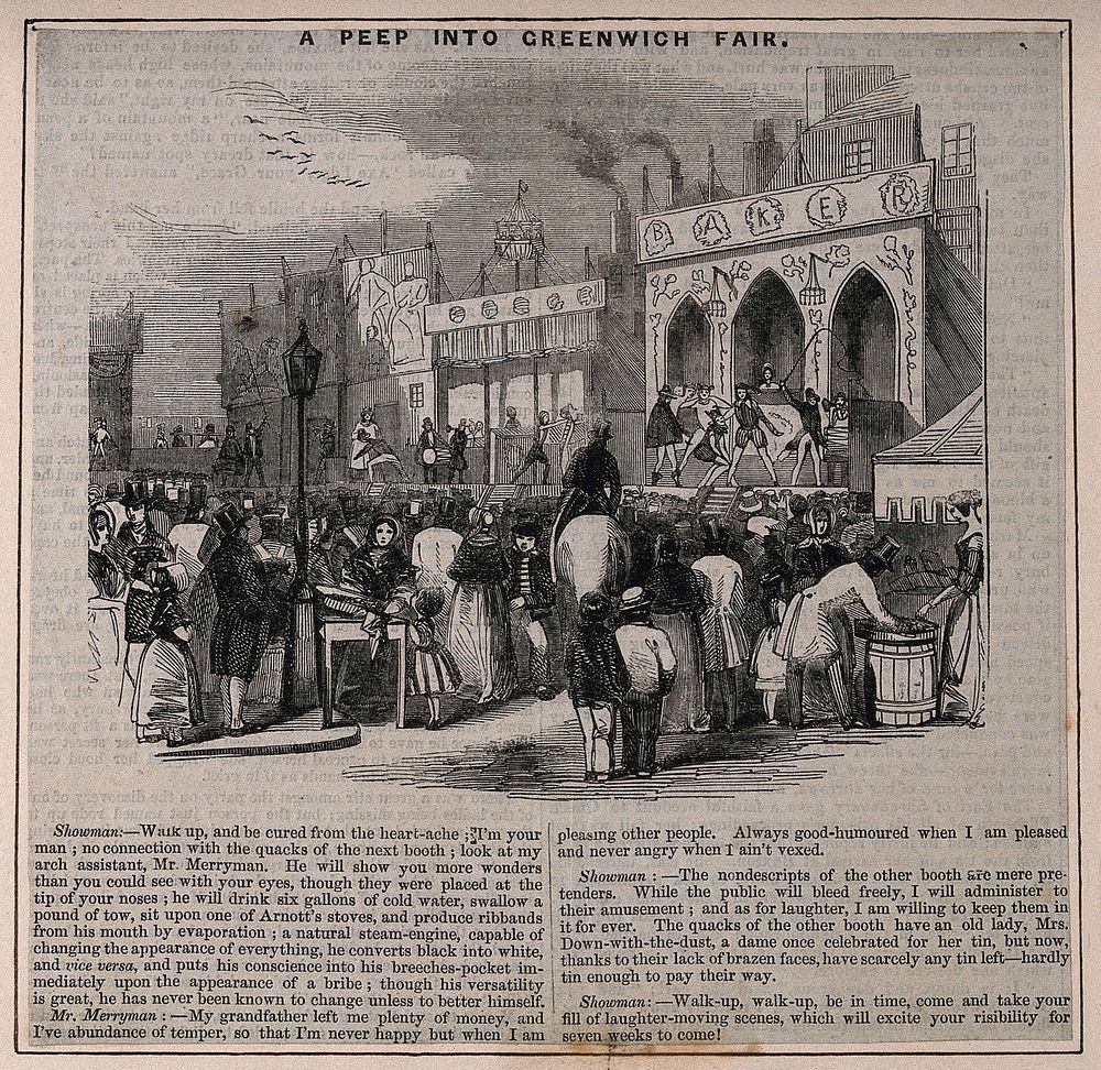 Crowds at Greenwich Fair, watching performers in booths with drums, whips, etc: a mounted policeman moves through the…