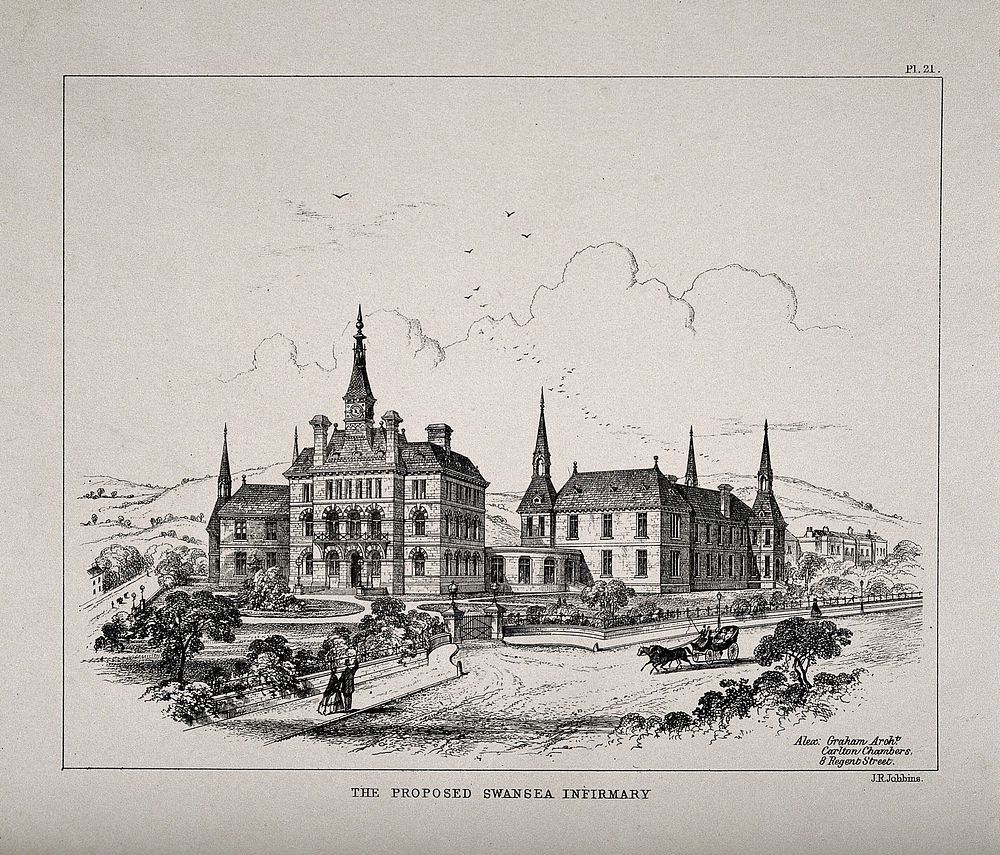 Swansea Infirmary, Swansea: proposed designs. Transfer lithograph by J.R. Jobbins after A. Graham.