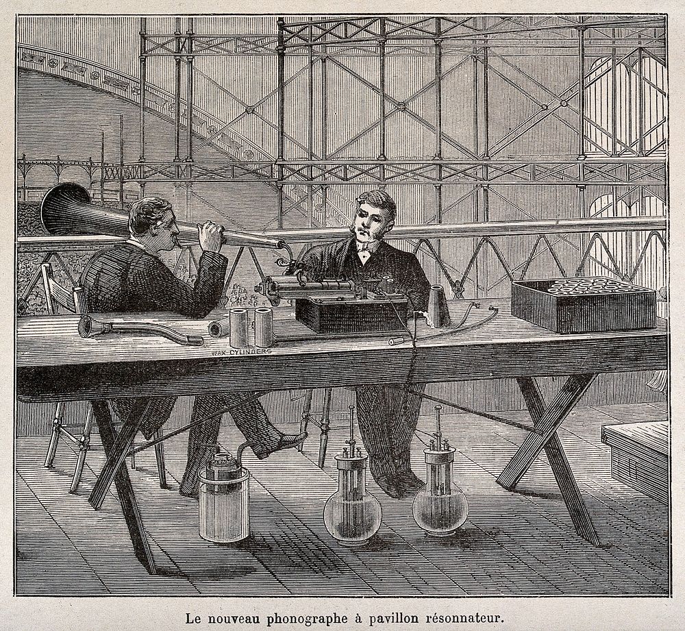 Acoustics: an electrically-powered [] Edison-type phonograph demonstrated at an exhibition [in Paris]. Wood engraving.