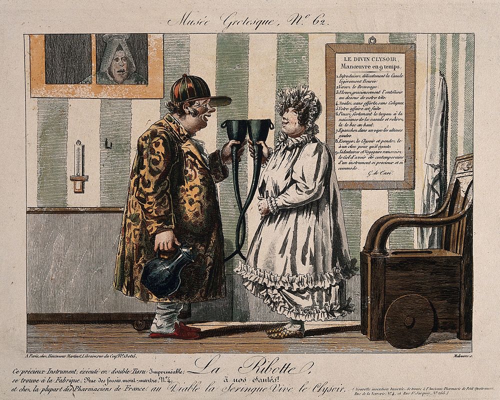 A man and woman use a redeveloped clyster for scatological, intoxicating purposes . Coloured etching by P. Maleuvre after G.…