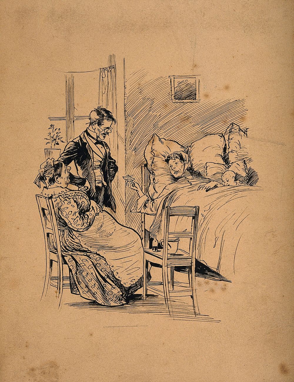 A woman handing a note to her physician after giving birth, the midwife is seated near her. Pen drawing by J. Ulrich.