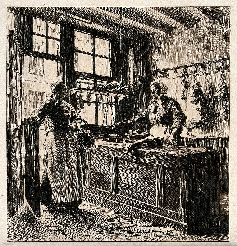 A woman stands behind the counter of a butcher's shop in France weighing meat on the scales for a customer. Etching by L.…