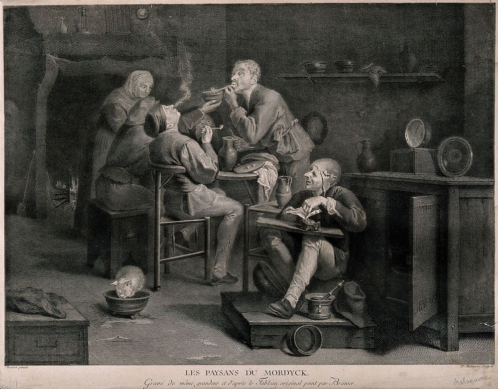Five mens gathered round a table smoking, a woman looks on. Engraving by P. Maloeuvre after A. Brouwer.
