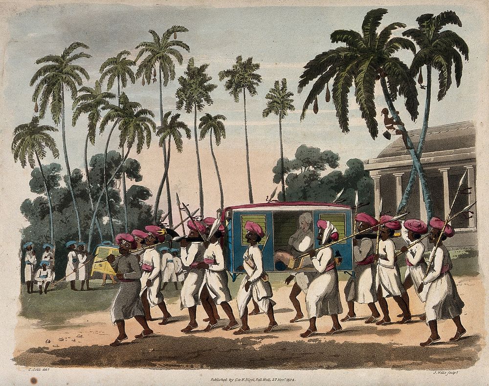 A group of men in turbans are carrying a litter, and attending to their passenger. Coloured aquatint by J. Wells after C.…