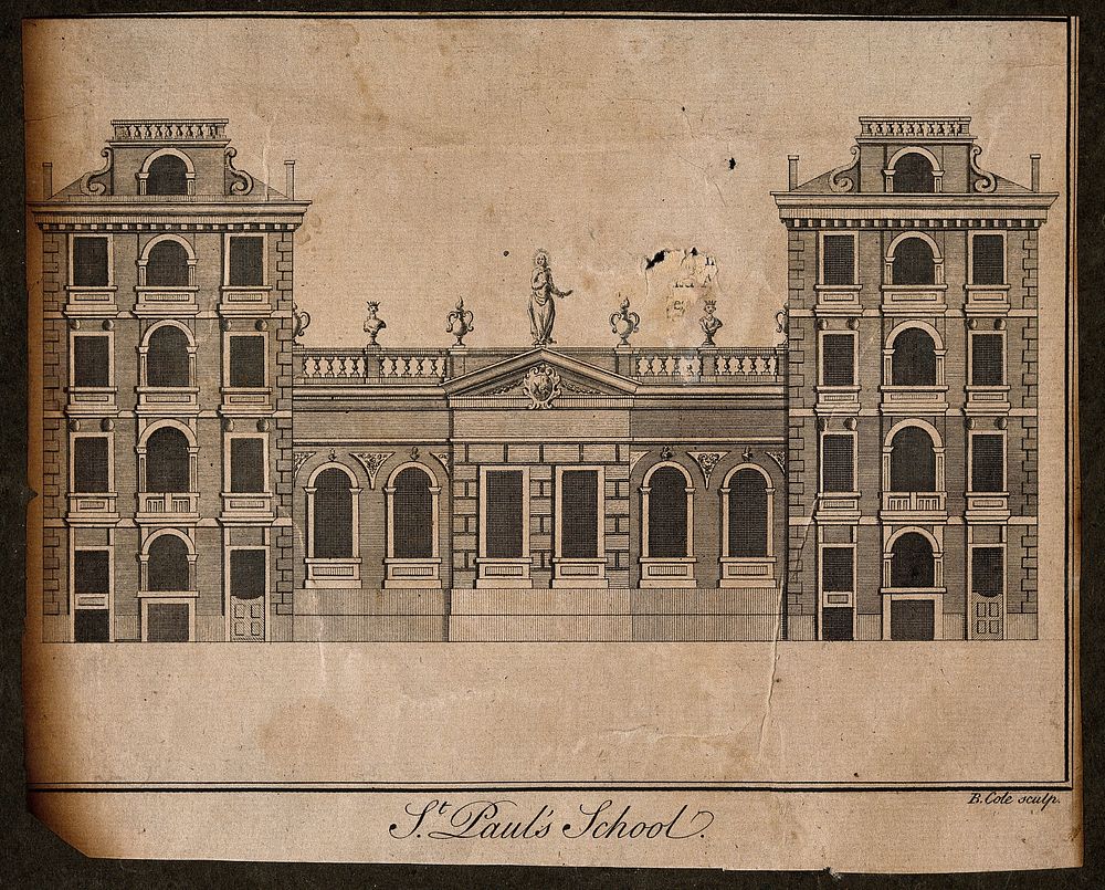 St Paul's School, London: the facade. Engraving by B. Cole, 1755.
