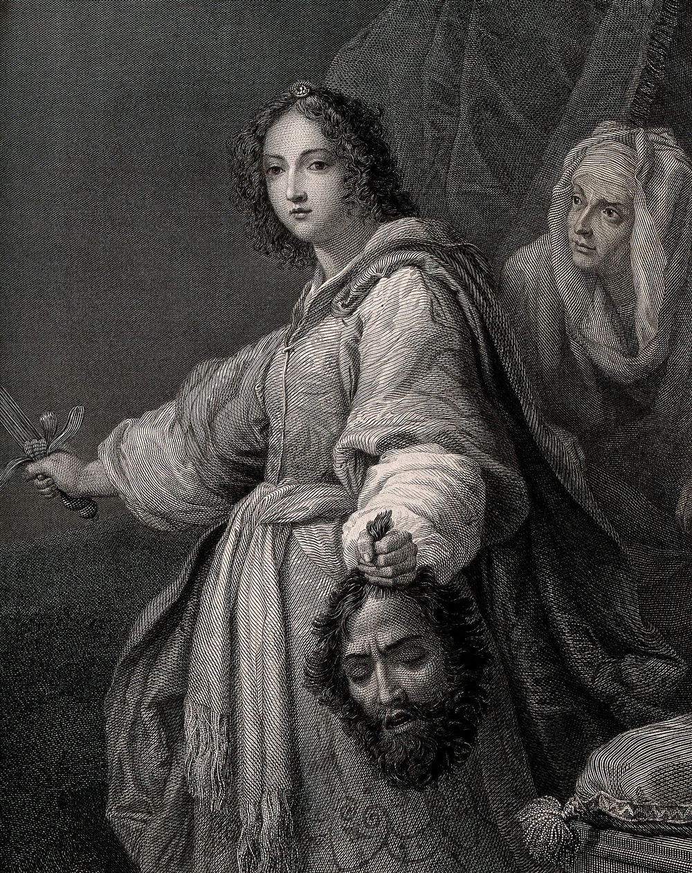 Judith with Holofernes' head; her maid behind her. Line engraving after C. Allori.