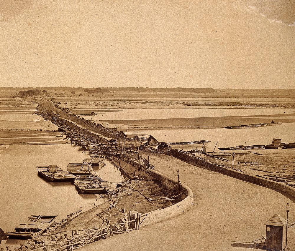 India: a bridge of boats over the Jumna River. Photograph by F. Beato, c. 1858.