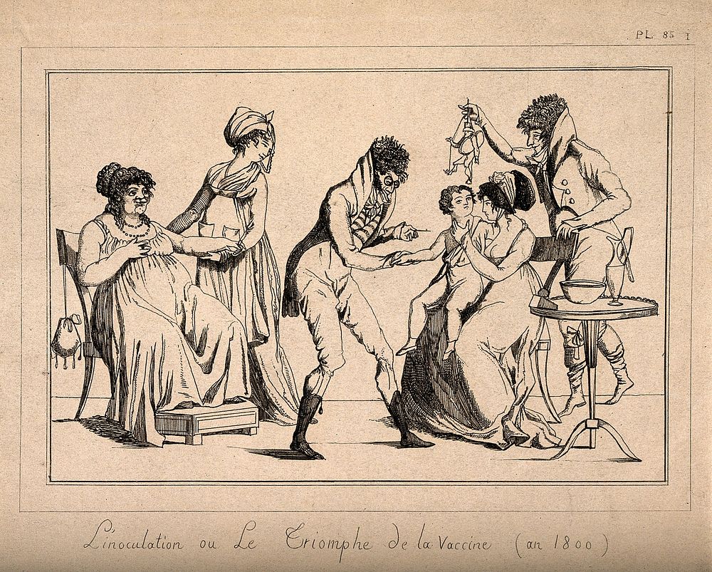 A corpulent woman provides the pustule for the vaccination of a child by a couple of dandified doctors. Etching, c. 1800.
