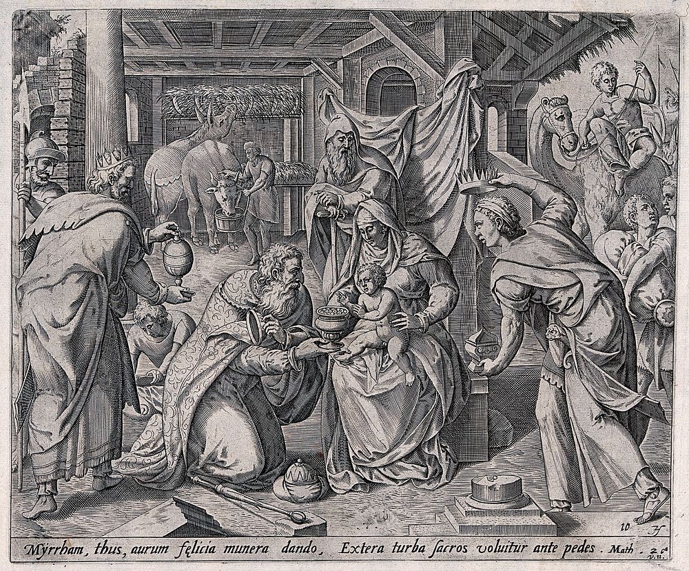 The three kings bring offerings to the infant Jesus. Engraving by J. Sadeler after G. van Groeningen.