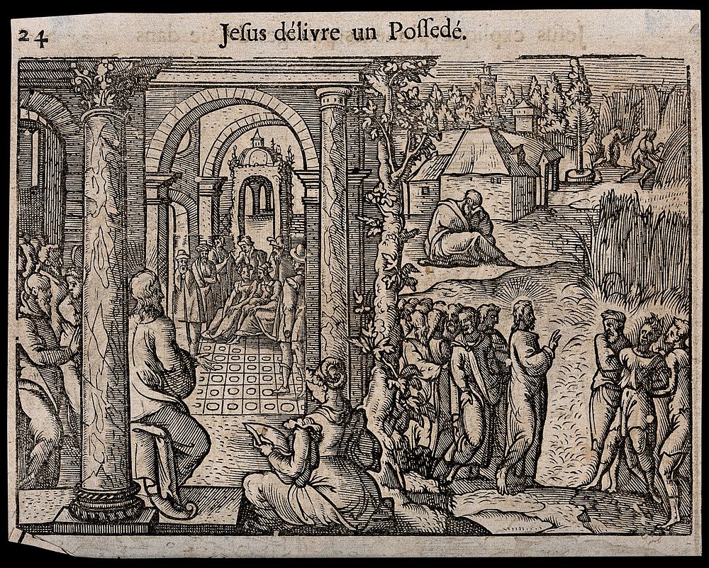 Christ heals a man possessed by demons. Woodcut, 16th century.