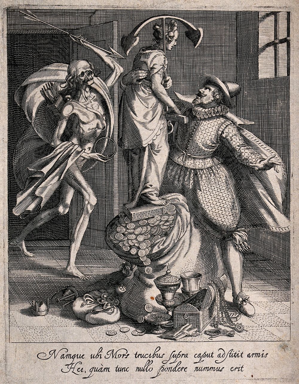 A man embraces a female figure holding an anchor who is standing on a sack filled with money while Death enters the room.…