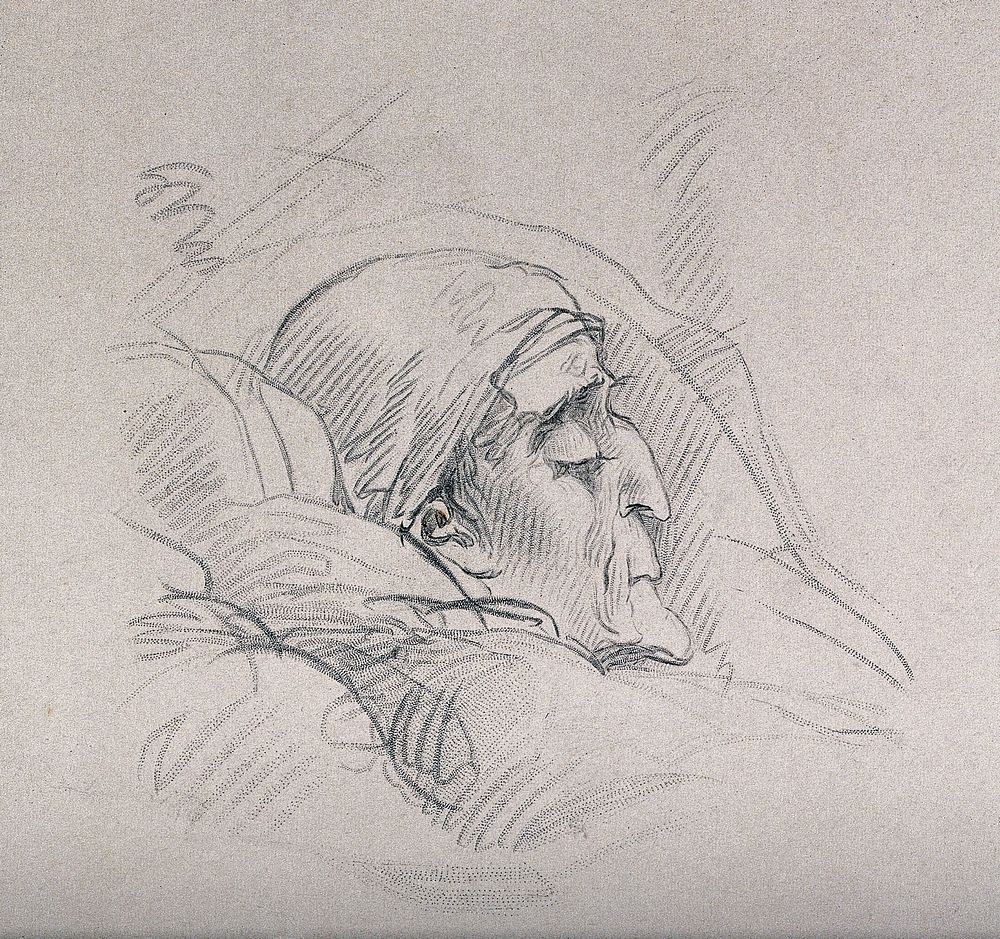 Arthur Wellesley, first Duke of Wellington on his deathbed. Engraving by J. Skelton after a drawing by Sir T. Lawrence, 1852.
