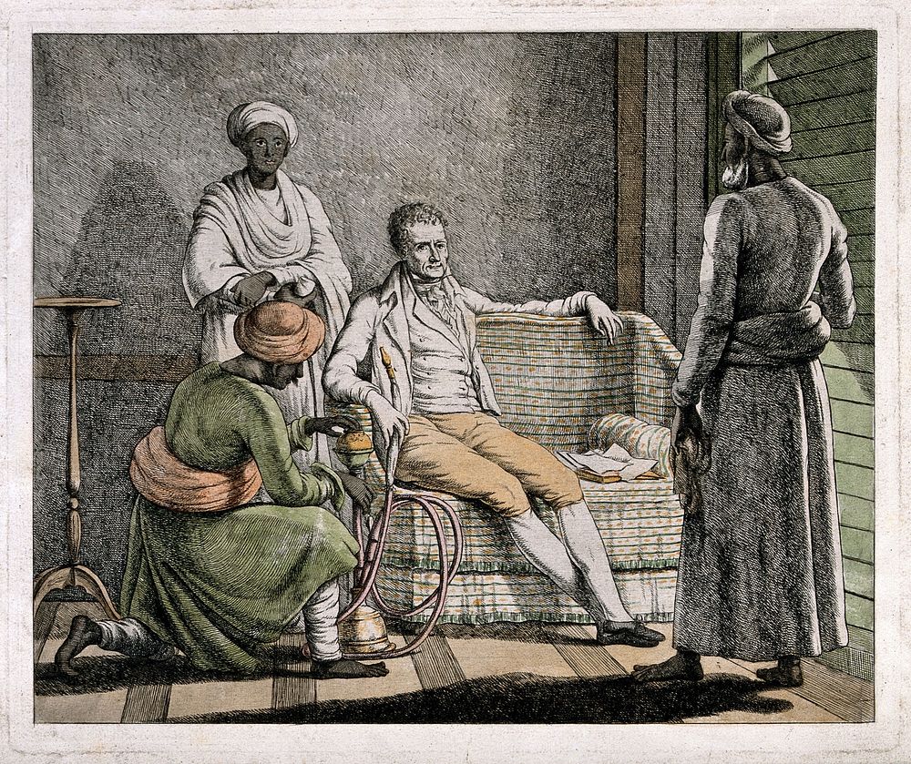 A European gentleman smoking a hooka and being attended to by Asian men. Coloured etching, c. 1765.