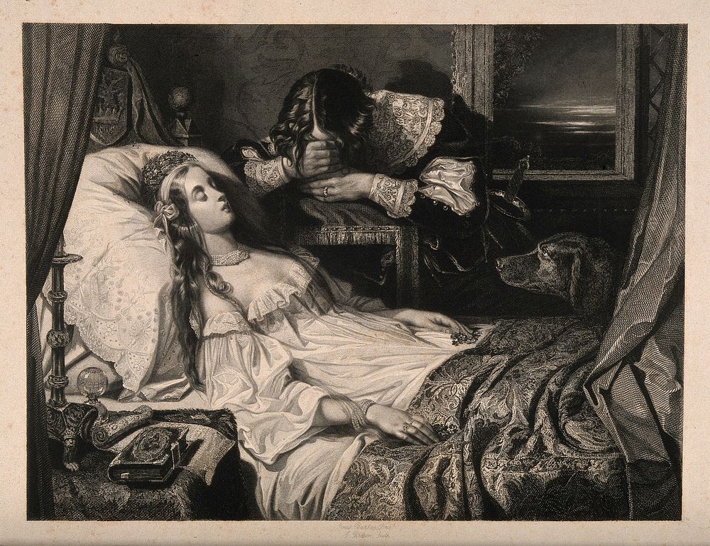 A young man weeps in grief by the death bed of a young woman. Line engraving by J. Brown, 1846, after J. Barker.