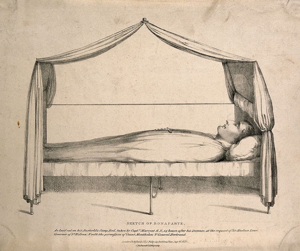 The body of Napoleon Bonaparte laid out after death, 1821. Lithograph after Captain Marryat.