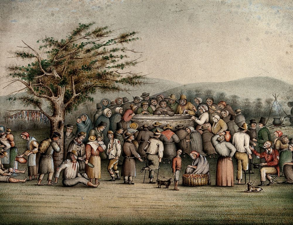A large crowd standing and kneeling at a well, with injured and disabled figures begging and being attended to. Watercolour.