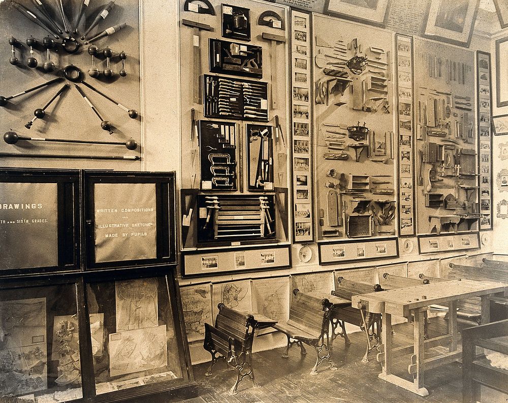 The 1904 World's Fair, St. Louis, Missouri: an Argentinian exhibit relating to manual skills education, showing classroom…