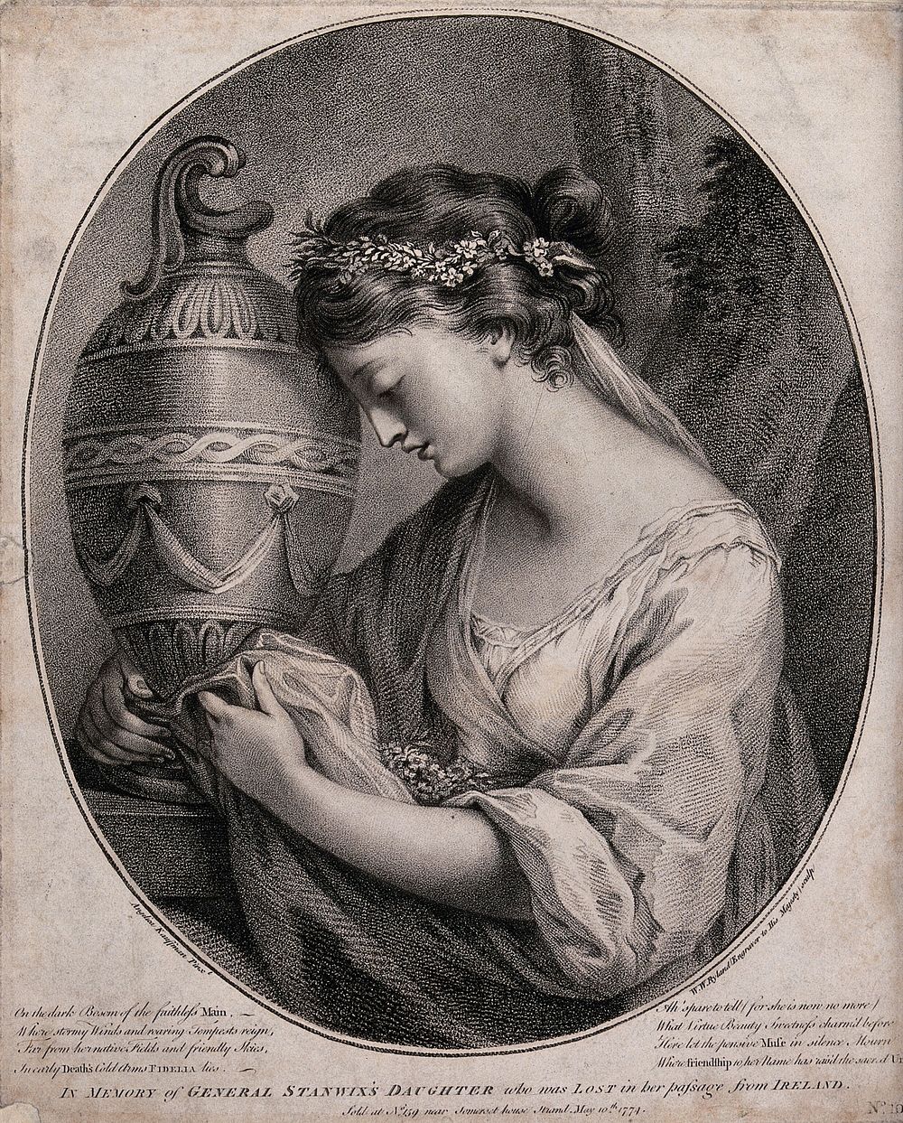A young woman grieving and embracing an urn. Stipple engraving by W.W. Ryland after A. Kauffman, 1774.