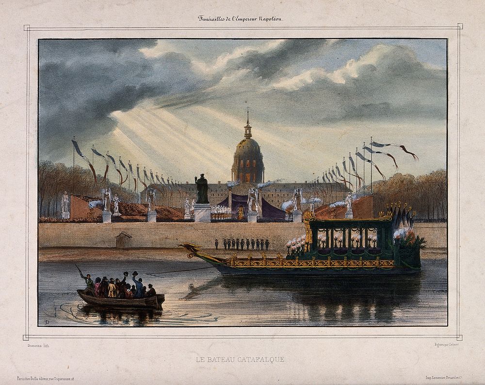 The boat carrying the catafalque of Napoleon Bonaparte. Coloured lithograph by P. Dmouza after P.F. Lehnert.