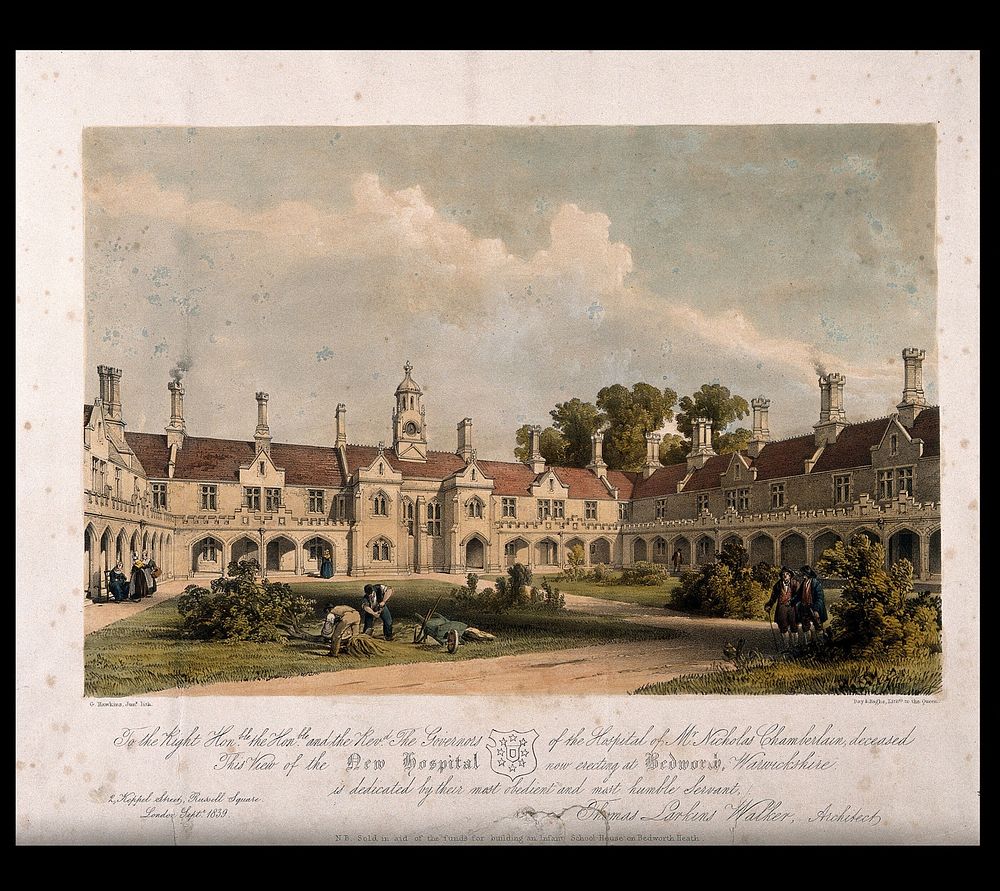 Courtyard view of the New hospital and grounds, Bedworth, Warwickshire. Coloured lithograph by G. Hawkins the younger, 1839.