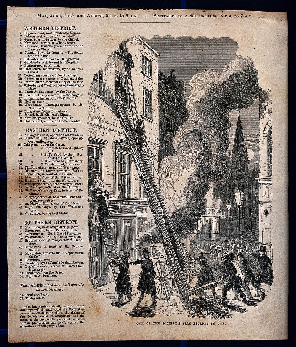 An extendable ladder is used by fireman to rescue people from fire in the upstairs rooms of a building. Wood engraving.