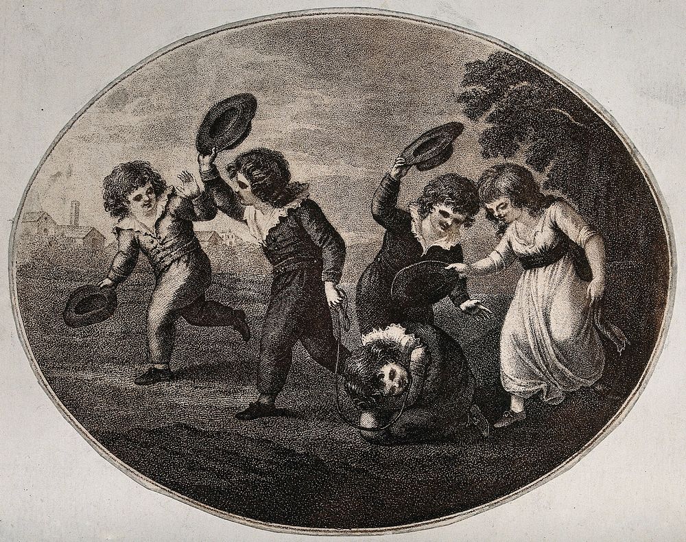 Children are playing a game with one child curled up on the floor with a rope around his neck and the others running past…