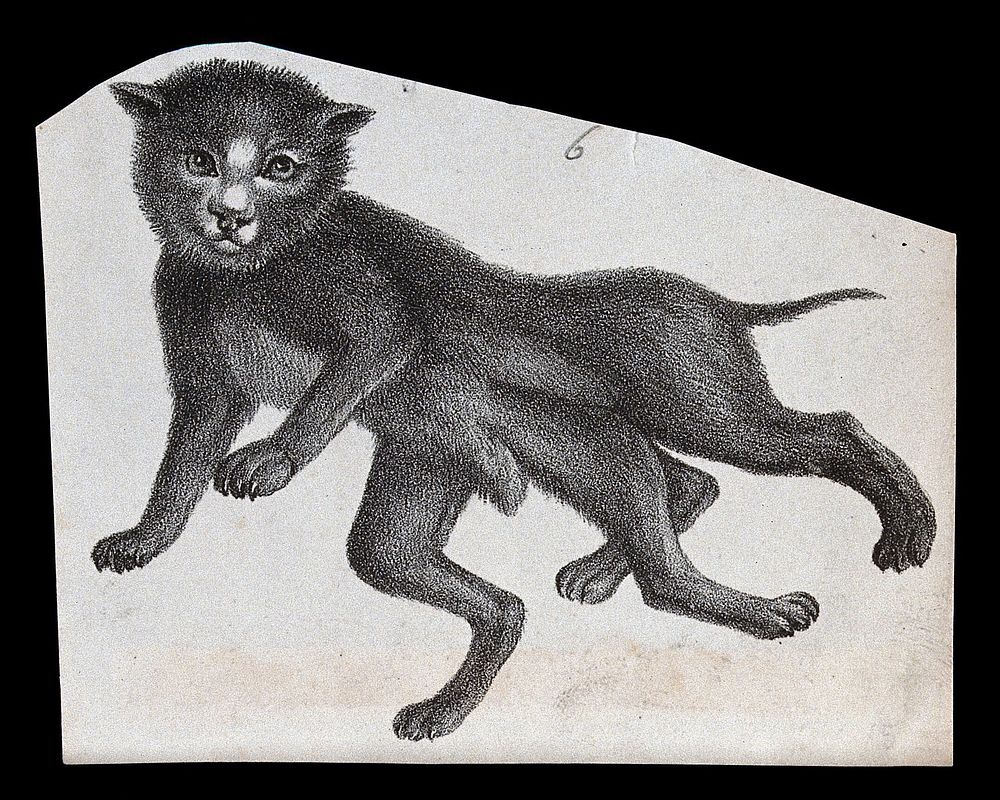 Cat with congenital defects (four hind legs). Lithograph.