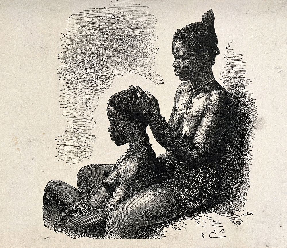 An African woman dressing the hair of another woman's head. Wood engraving by C.B..