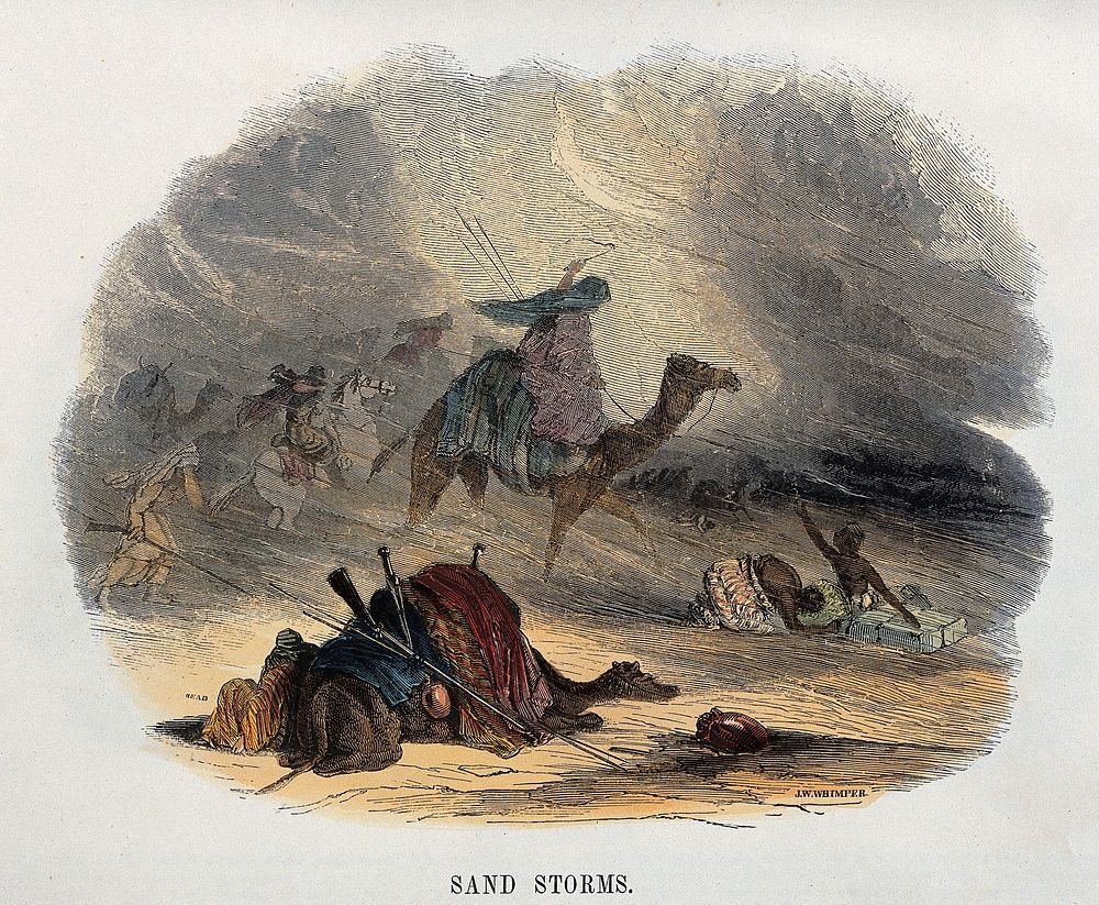 Geography: sand-storms in North Africa. Coloured wood engraving by C. Whymper.