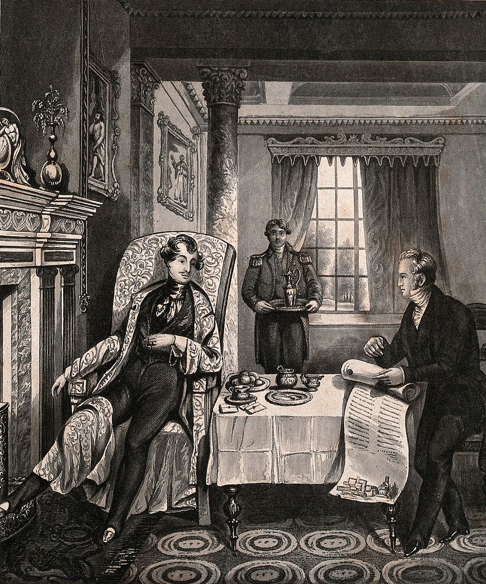 A young nobleman listens as a lawyer tells him he has come into his inheritance. Aquatint after H. Dawe, 184-.