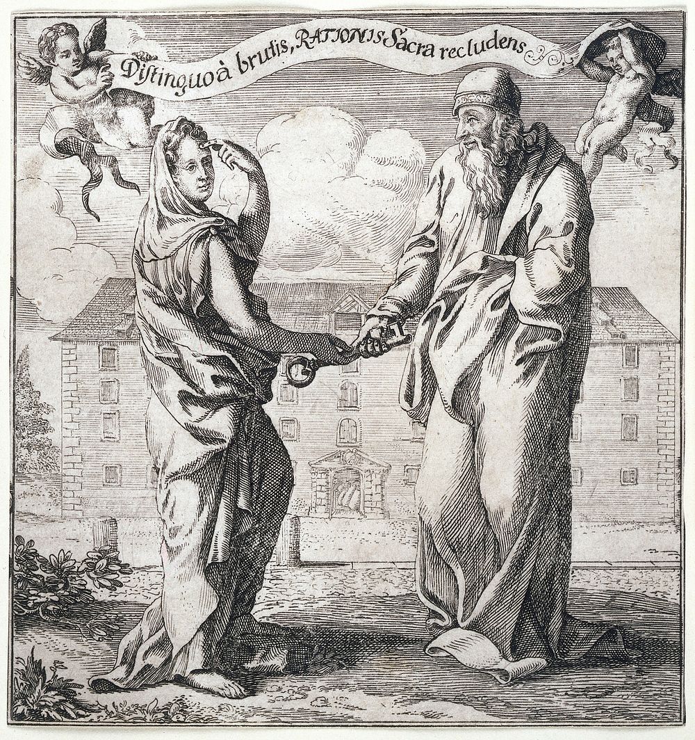 A woman representing Wisdom  giving to a philosopher (Aristotle) the key to the treasure-house of Reason, to distinguish man…