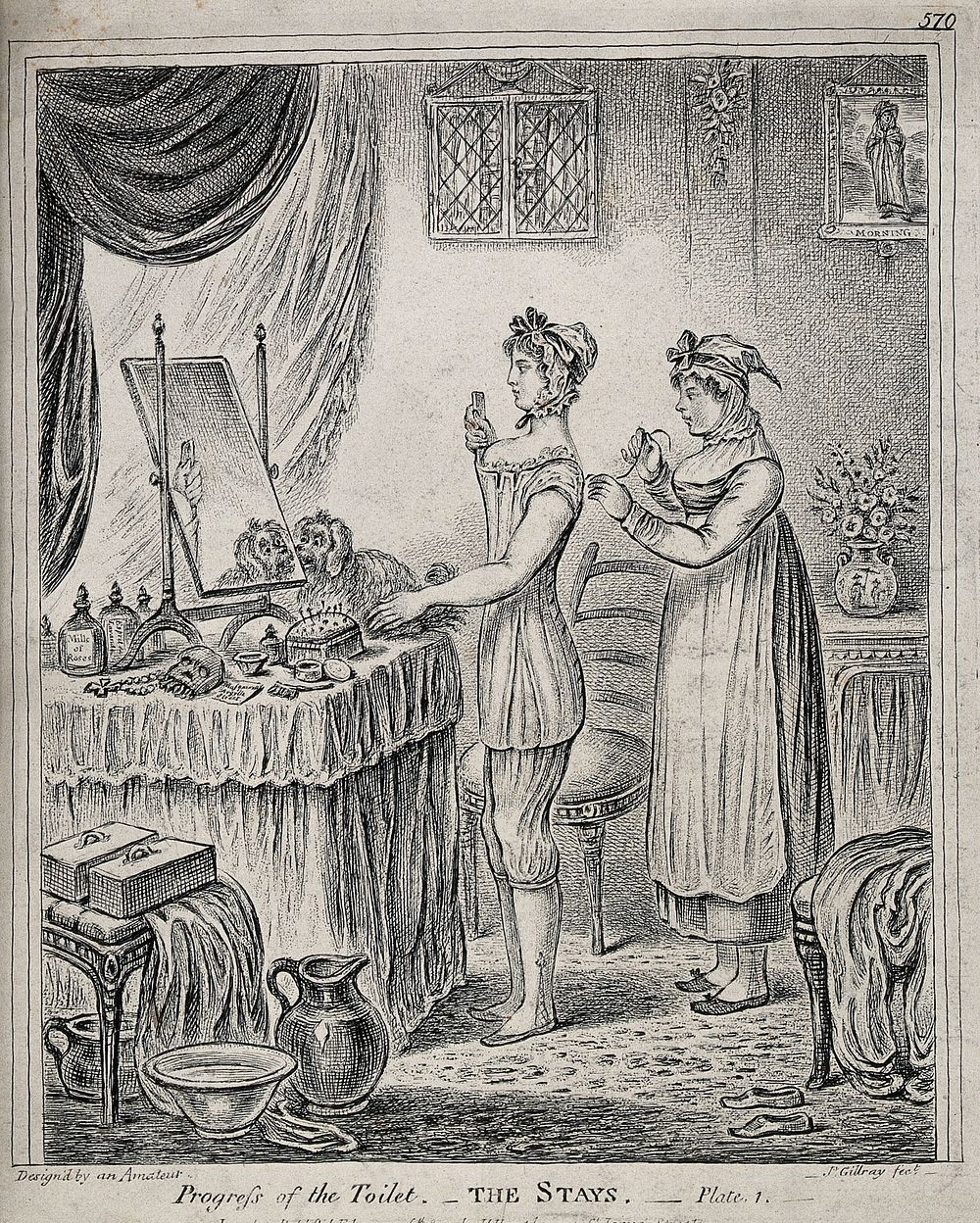 A woman standing at a dressing table while a maidservant laces her stays. Etching by J. Gillray, 1810, after himself.
