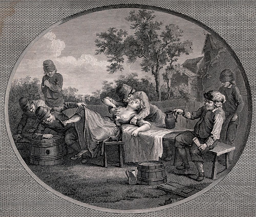 The inevitable consequences of over-indulgence: two drunk men seize a young woman. Engraving after S. Freudeberg.
