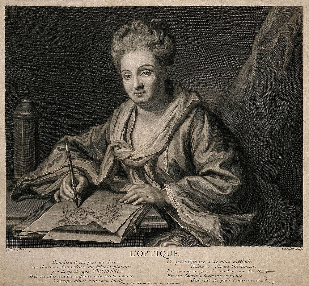 A woman drawing at a desk; representing optics. Engraving by M. Dossier after G. Allou.