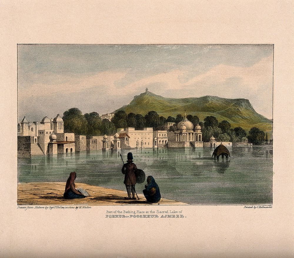 The bathing ghats at Pushkar, near Ajmer, Rajasthan, India. Coloured lithograph by W. Walton after Captain Bellen.