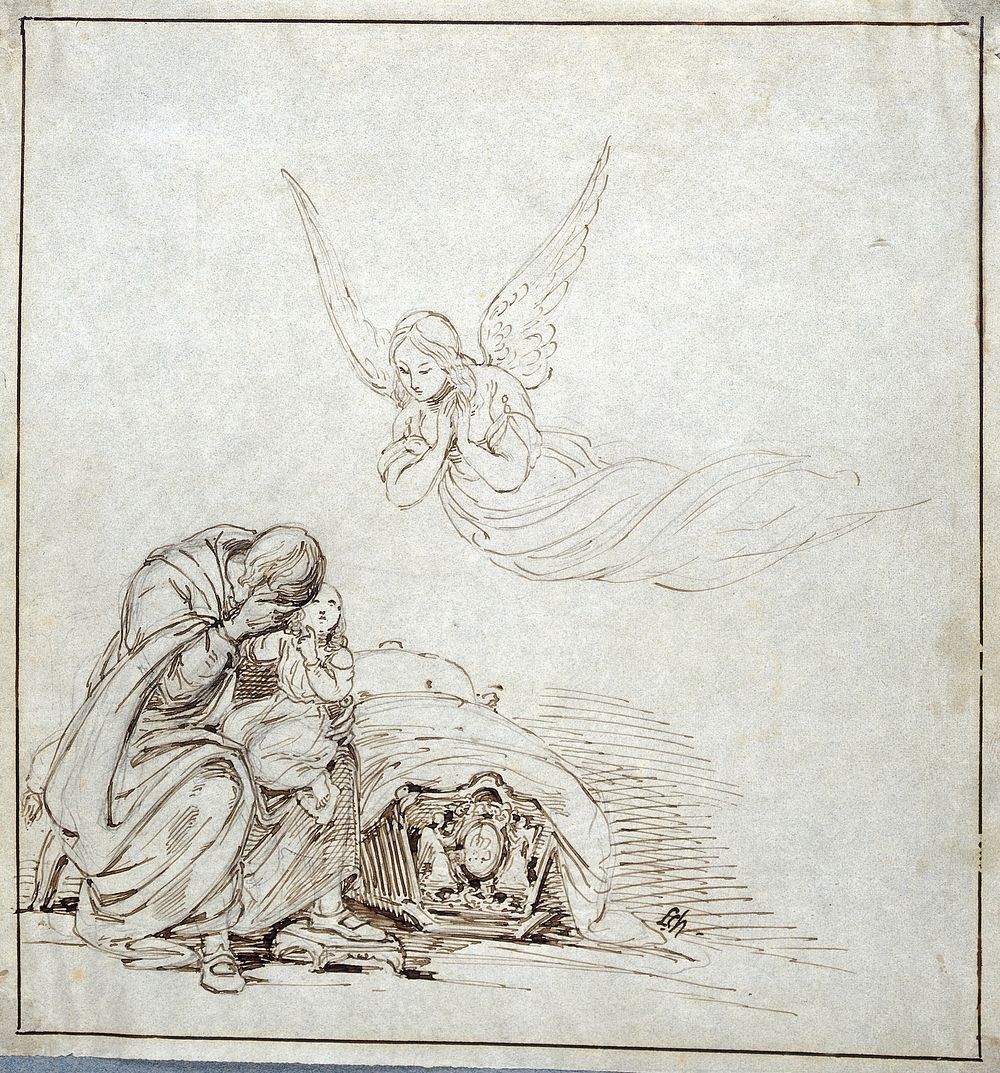 A grief-stricken widower holds his child while the spirit of its mother, seen only by the child, descends to impart her…