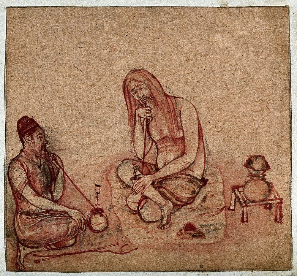 A sadhu and another man smoking hookahs. Drawing.