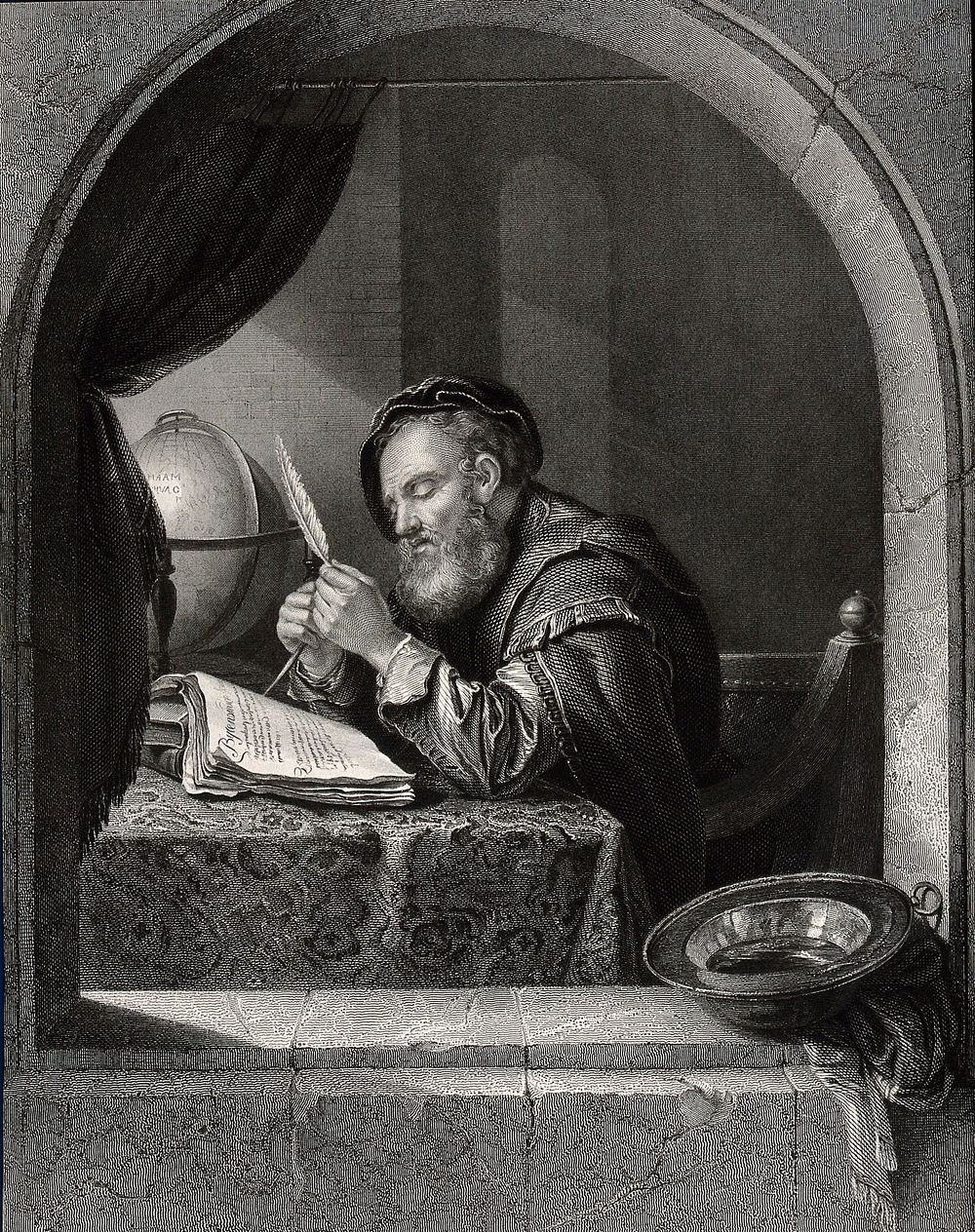 A seated man sharpening a quill pen. Engraving by R. Wallis after F. van Mieris.