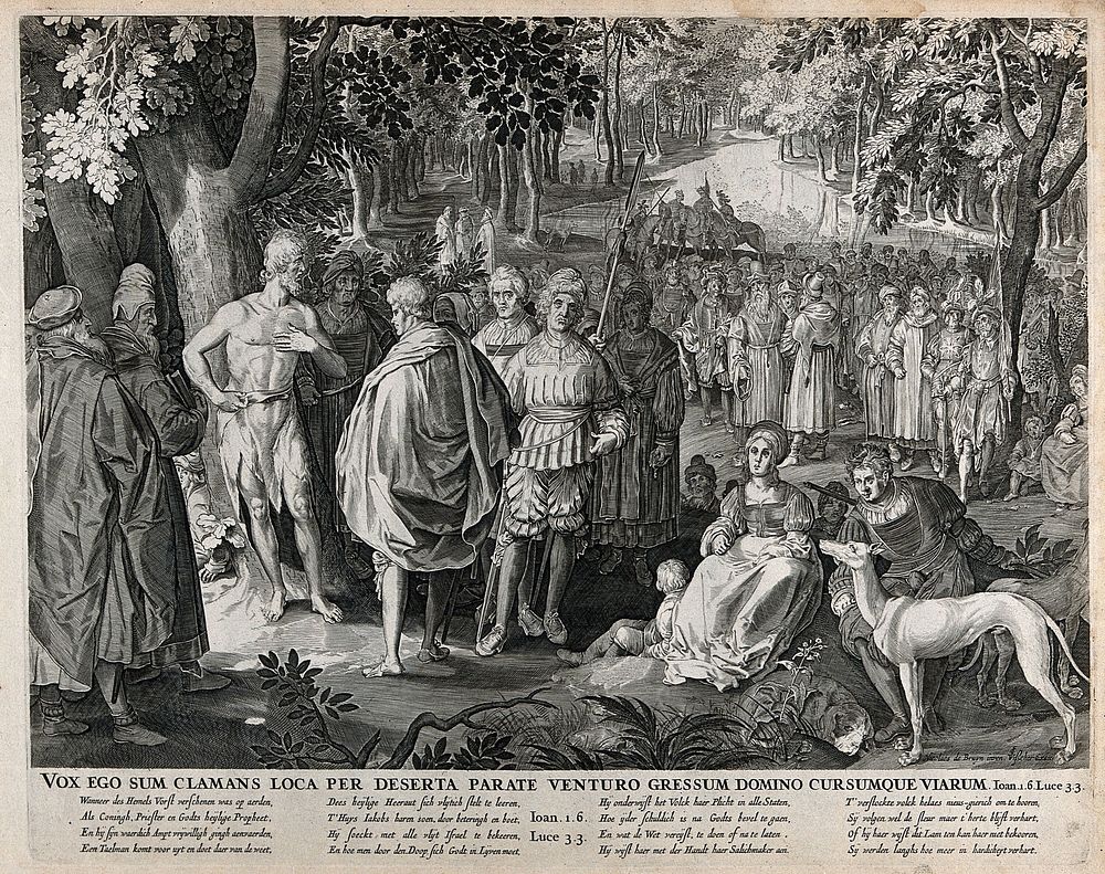 Saint John the Baptist: he preaches to a multitude in a wood. Engraving after N. de Bruyn.