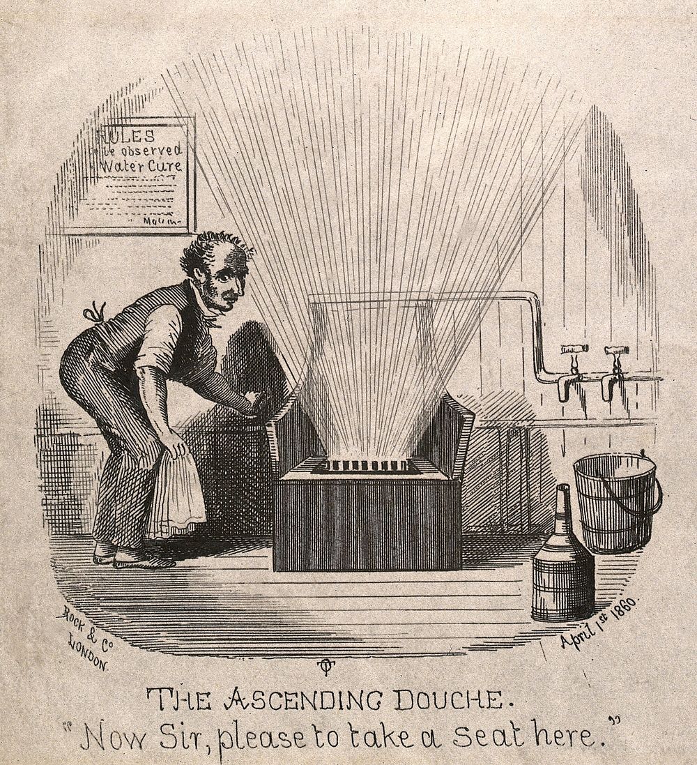 A man operating a specially designed hydrotherapeutic chair. Wood engraving by O.T., 1860.