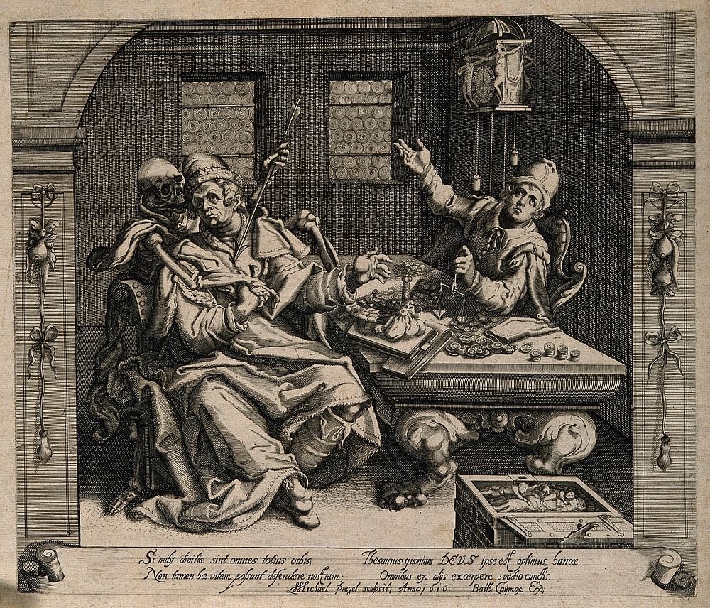A wealthy man is stabbed by a skeleton while a man weighs coins on the other side of the table; representing the vanity of…