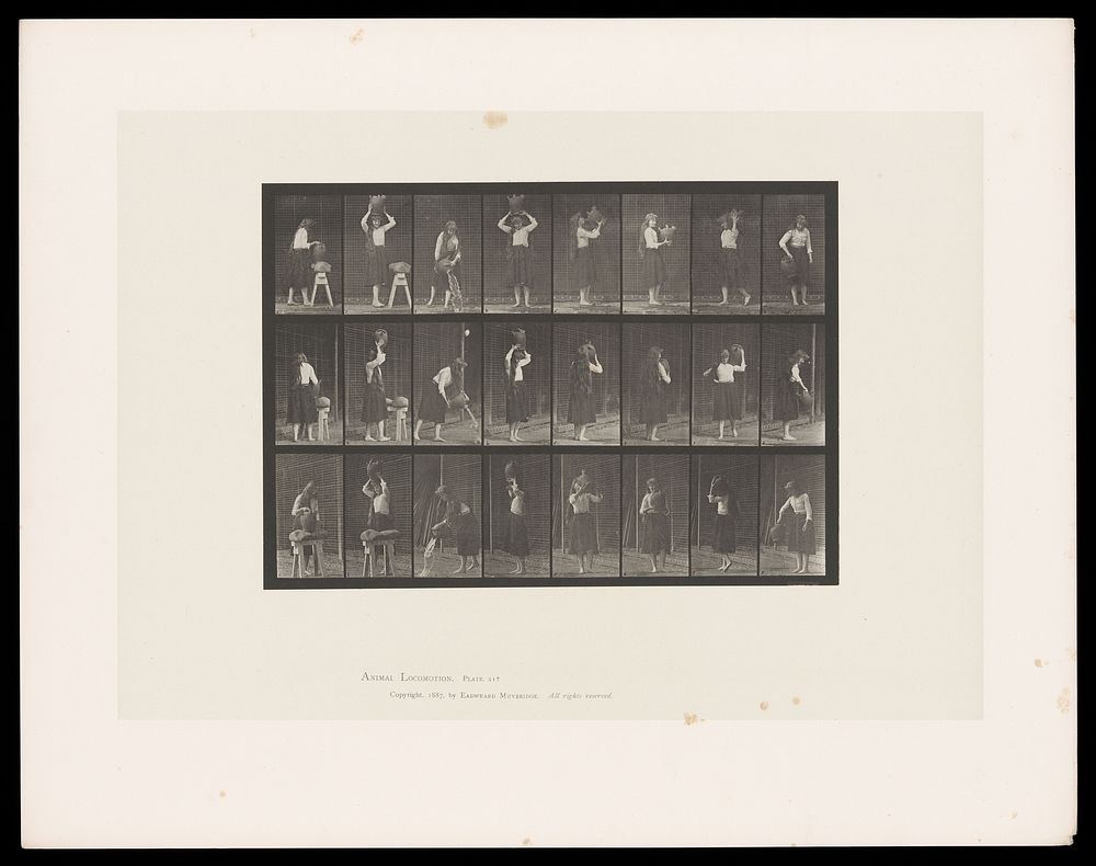 A clothed woman lifts a water jar and pours from it. Collotype after Eadweard Muybridge, 1887.
